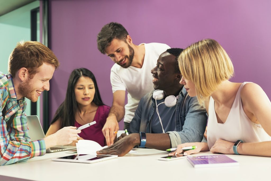 A students group learning at school academy.